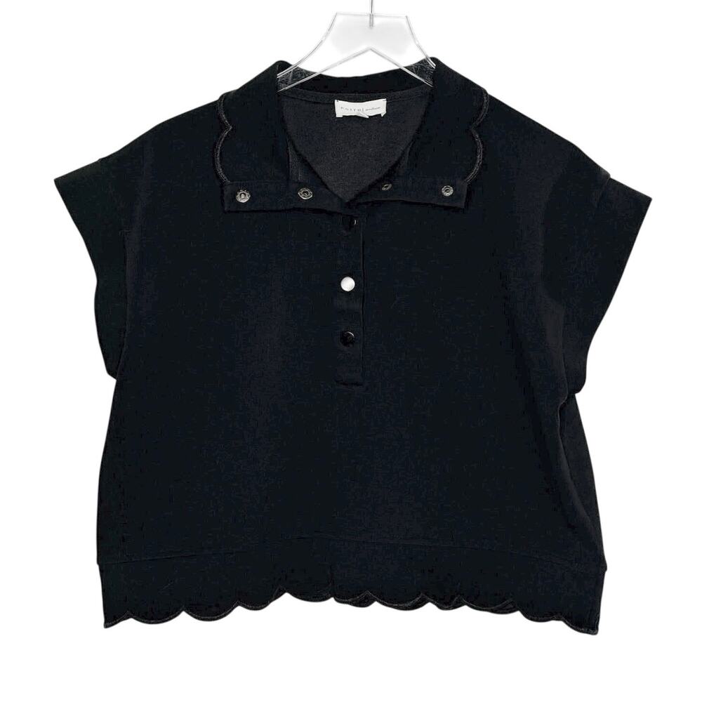 Entro Alfresco Allure Henley Scalloped Top M Black Boxy Cropped Snap Closure